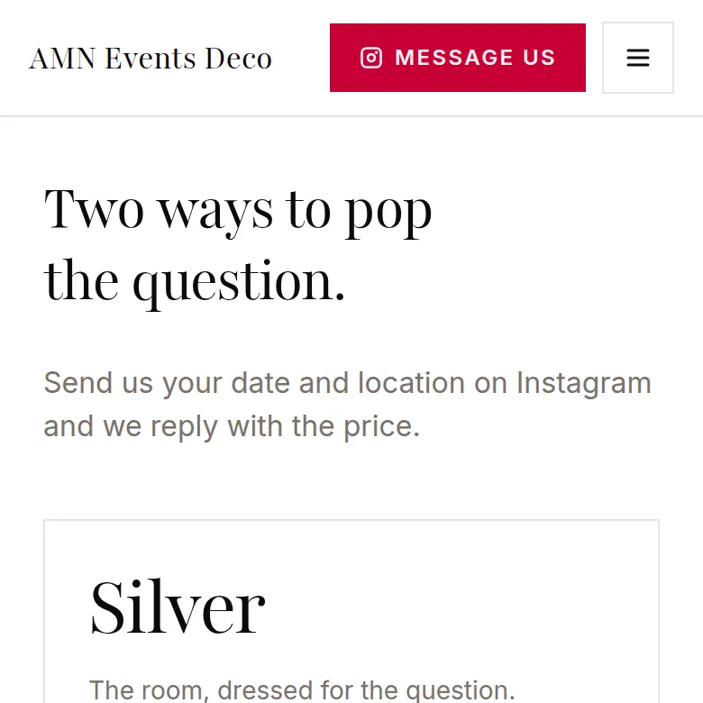 Packages table on the AMN Events Deco site